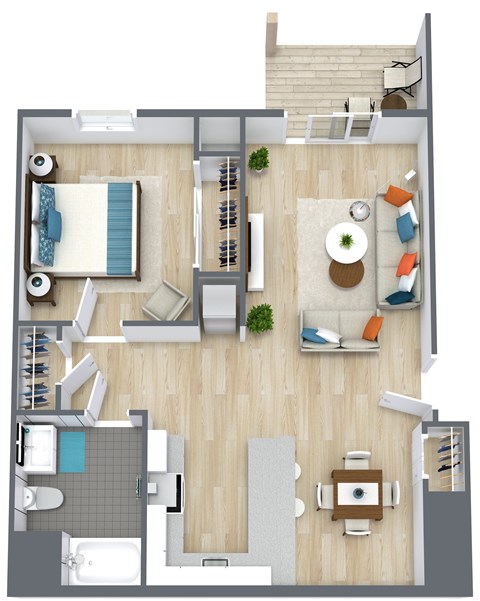 Floor plan for 1 bed, 1 bath, 700 sqft